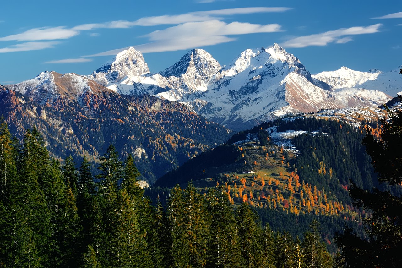 A photo of the Alps taken from above the town of Flims in the Imboden
Region in the Swiss canton of Graubünden